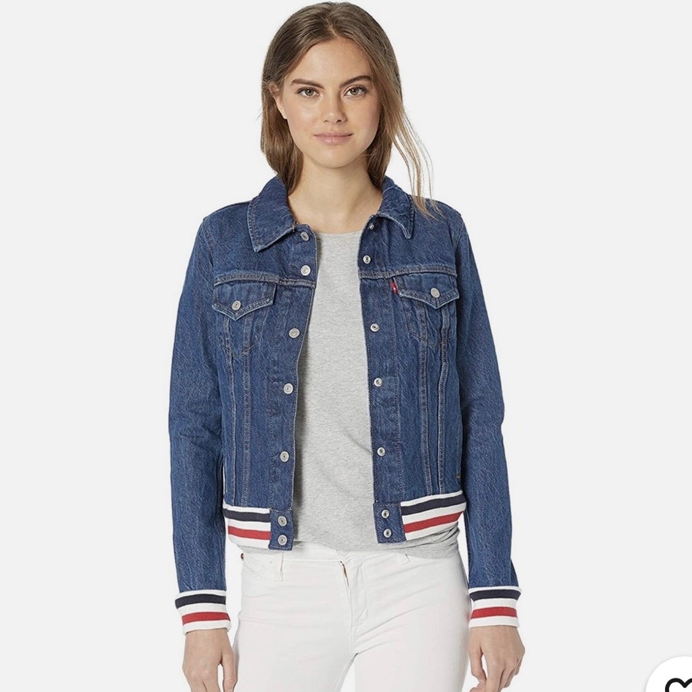 NWT Levi’s Rib Trim Trucker Varsity Denim Jean Jacket Brick/Mortar NEW - Picture 1 of 16